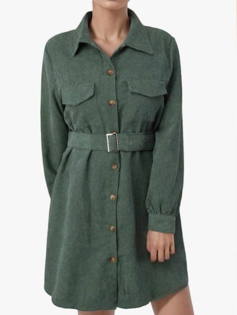 Olive Green Corduroy Shirt Dress Button Front Belted Long Sleeve Size XL